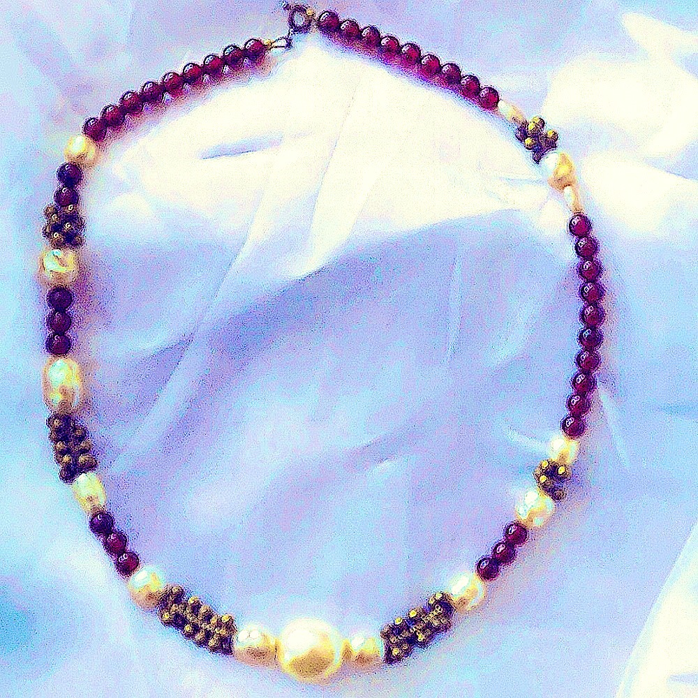 Regal 15 inch choker, Boast Fresh Water Pearls Garnett and Antiques Brass beads